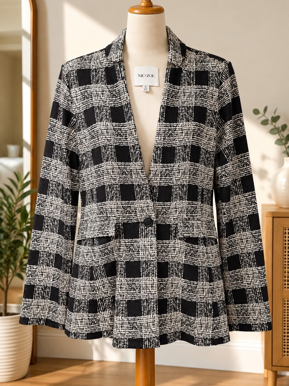 NIC+ZOE Womens XS Black White Plaid Knit Blazer Jacket One Button Pockets
